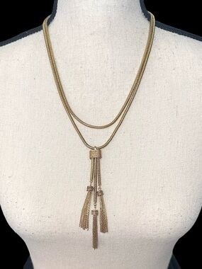 💛Vintage Ann Taylor Double Strand Gold Tone Long Necklace with Chain Tassels